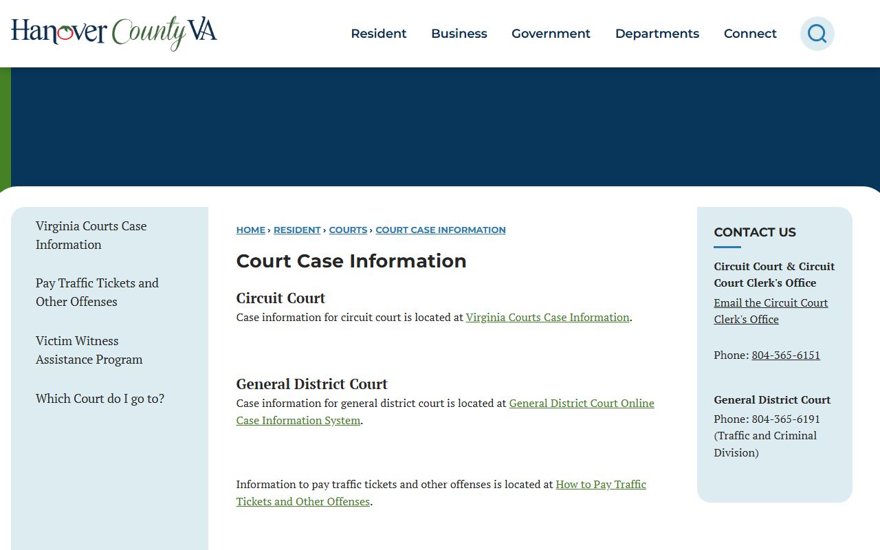 Hanover County court records after arrest case information page