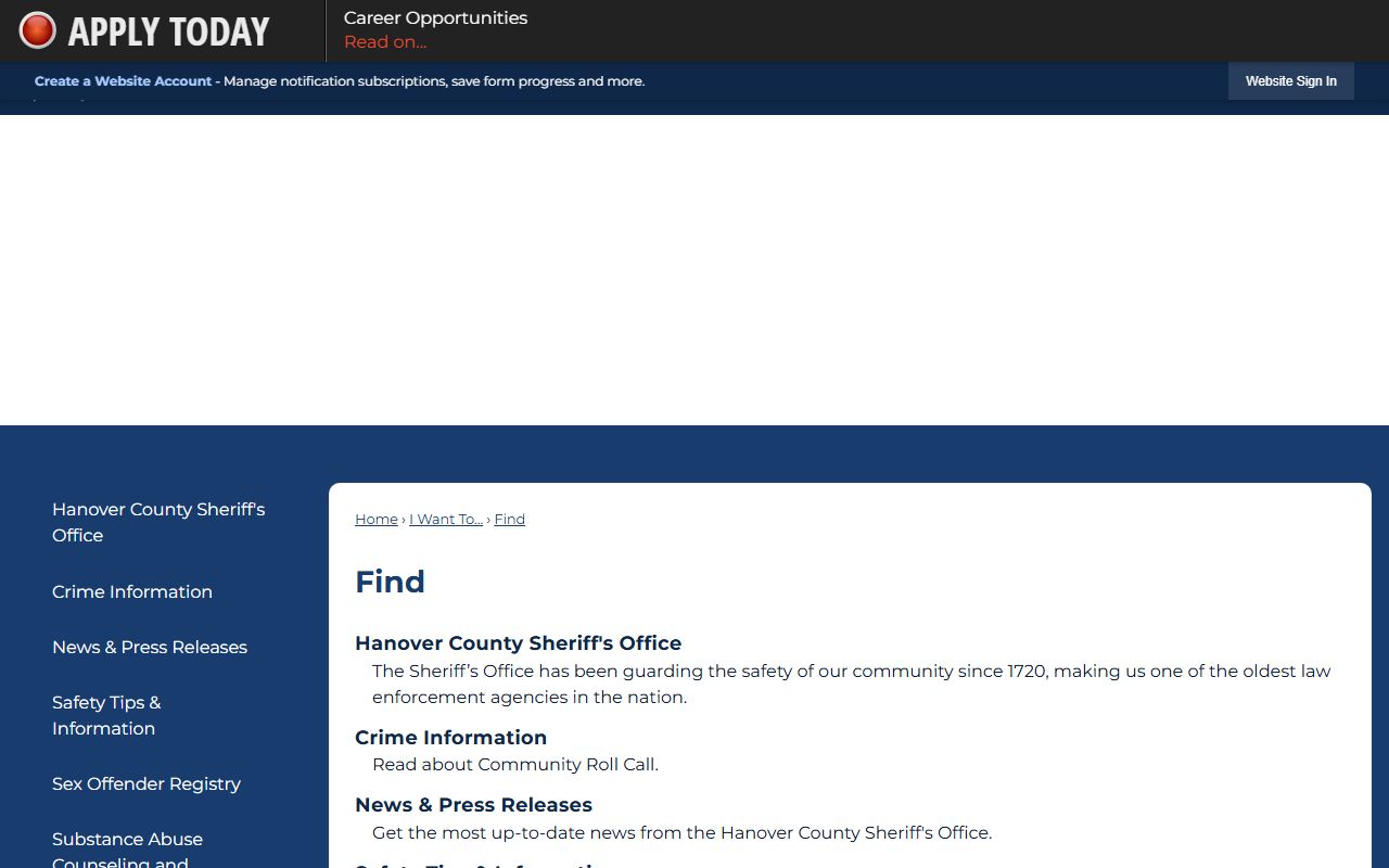 Hanover County sheriff Find page linking to inmate records and jail roster resources