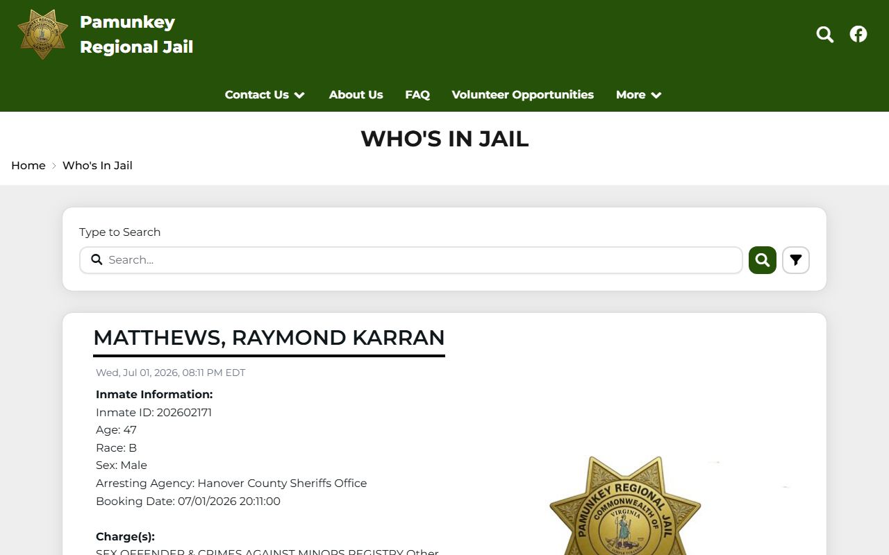 Hanover County inmate population roster search on the Pamunkey Who's In Jail page